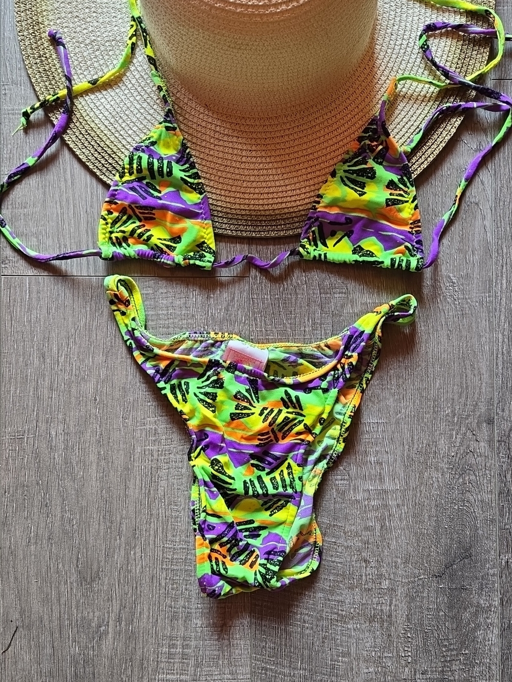 Neon Multi-Color Tie Bikini Top and Bottom Set. XS
